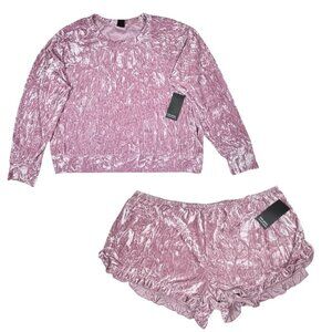 NWT Velvet Pajama Set Sz.XL Pink Top Shorts Lounge Sleepwear Ruffle Feminine